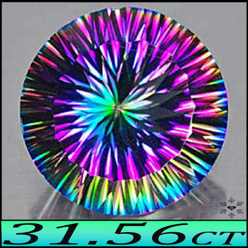 31.56CT STUNNING VIVID MYSTIC RAINBOW QUARTZ, A FIRE GREEN CONCAVE POLISHED ROUND.