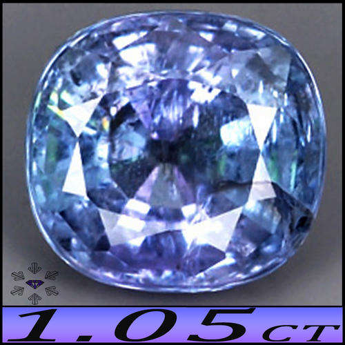 1.05CT TANZANITE ~ SPARKLING SQUARE CUSHION  VIOLET BLUE AND LIGHT GREEN BRILLIANT GEMSTONE.