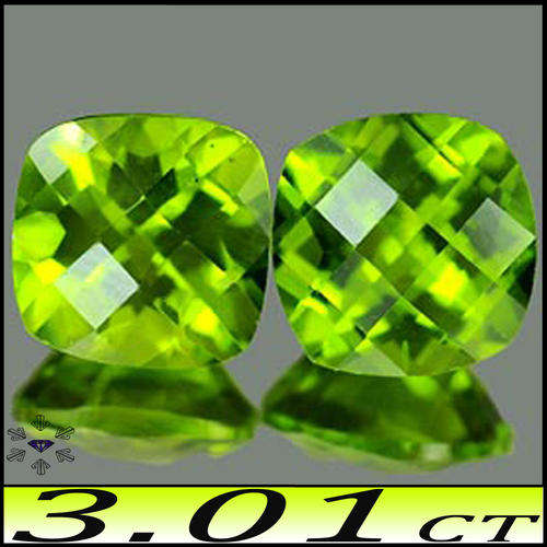 3.01CT BRIGHT GREEN PERIDOT PAIR [VVS] ~ NATURAL UNHEATED CHECKERBOARD CUSHION GEMS