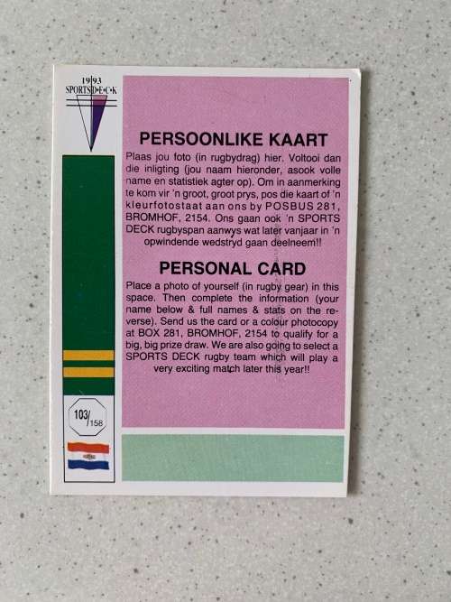 1x 1993 Rugby Card - Personal Card