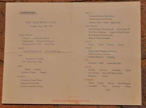 Union Castle Menu Kenilworth Castle 17 March 1934