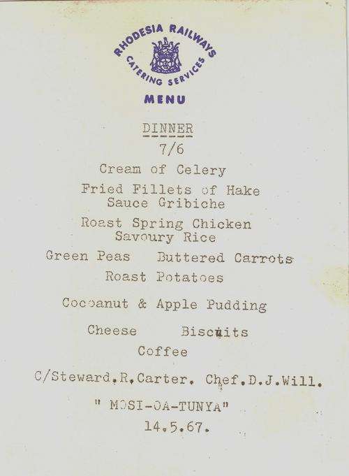 RHODESIA RAILWAYS DINNER MENU 14.05.1967 MOSI-OA-TUNYA