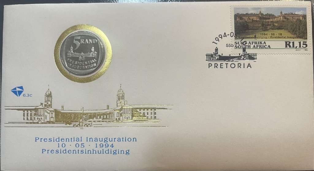 South Africa 1994 President Mandela Inauguration First day cover 6.3c with with R5 Coin