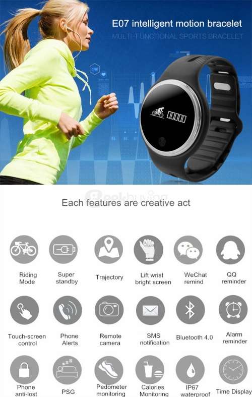 Smart Watch, Smart Wristband, Fitness Tracker, GPS tracker, E07 - BLACK
