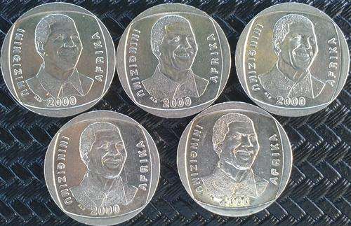5 X 2000 Mandela R5.00 coins - Good condition (1 bid for ALL!!!)