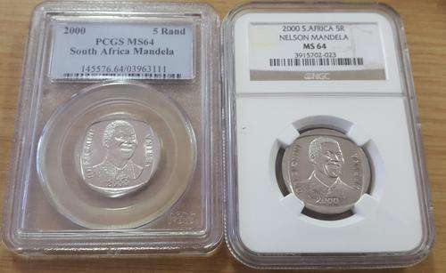 Set of 2 x MS64 - Year 2000 Mandela R5.00 coins - Beautiful coins - PCGS & NGC Graded
