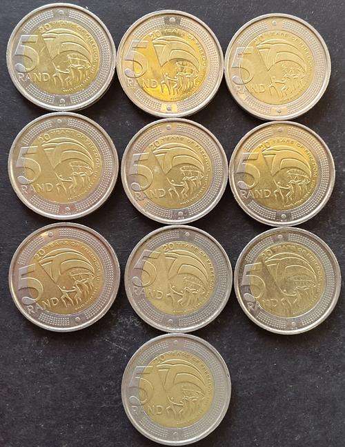 10 x 2014 - 20 Years of Freedom R5.00 coins - Bid per coin to take the lot!