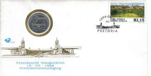 1994 Presidential Inauguration R5 coin on official FDC 6.3c superb unaddressed