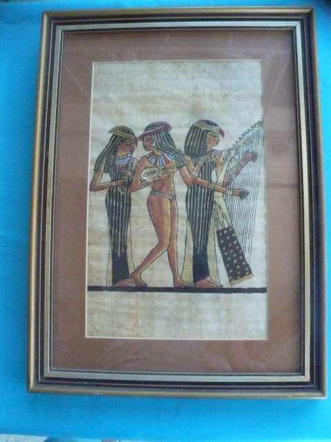 EGYPTIAN PAINTING ON PAPYRUS  FRAMED BEHIND GLASS