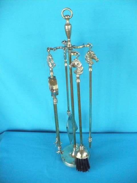 LOVELY VINTAGE SET OF BRASS FIRE IRONS ON STAND