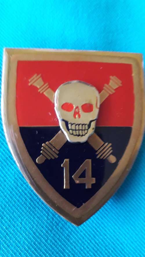 SADF METAL FLASH  14 FIELD REGIMENT  3 D EFFECT SKULL  3 PINS