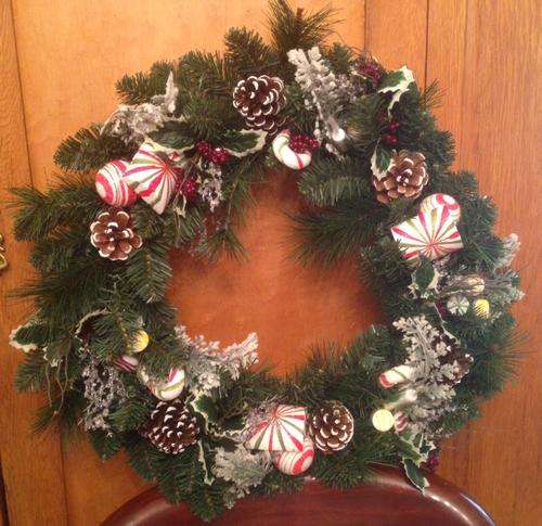 Christmas Wreath with candy/holly/pine trim