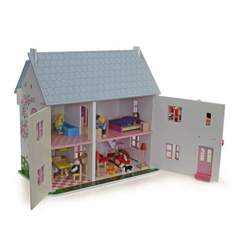 wooden doll house with furniture