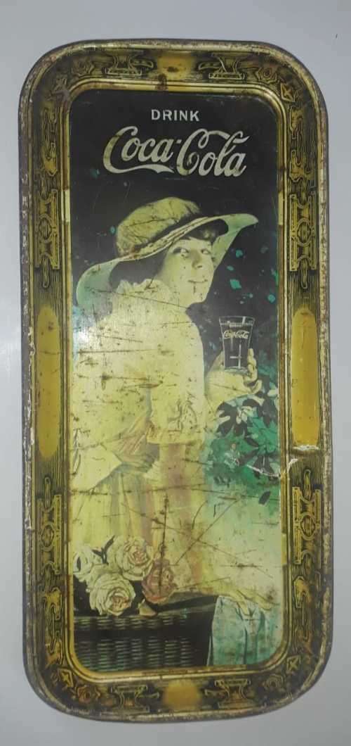 ANTIQUE ORIGINAL 1916 COCA COLA ELAINE WW 1 GIRL ADVERTISING SERVING TIN LIT HO TRAY