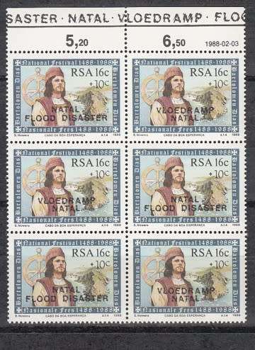 RSA Block of Six Dias Stamps With Natal Flood Disaster / Vloedramp Natal Overprint