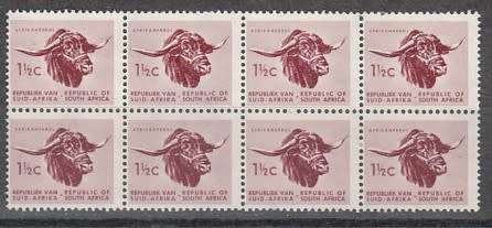 RSA Block of Eight 1 1/2c Afrikaner Bull Stamps - Perf Shift to the Right