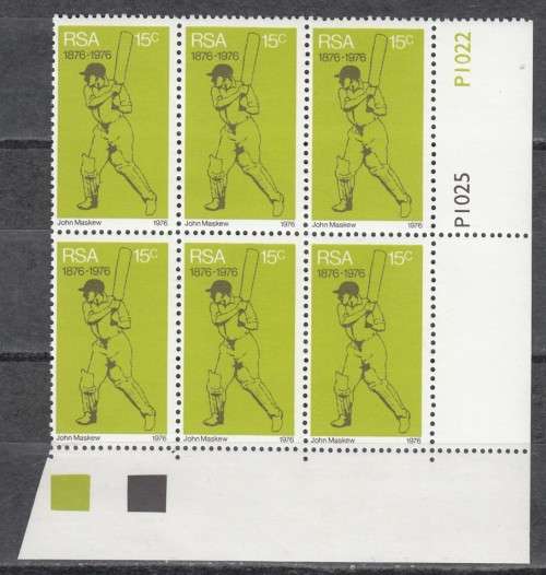 RSA Control Block of 6 Stamps - Centenary of Cricket (Face R 0.90) 1976