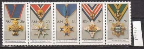 RSA Strip of  5 of The National Orders of South Africa Stamps (Face R 1.05)