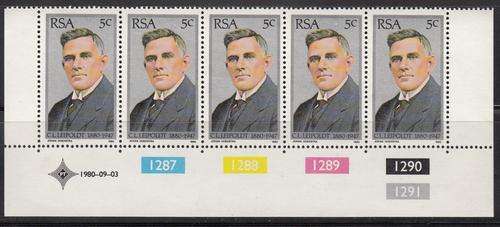 RSA Control Strip of Five 5c Tribute to C. Louis Leipoldt Stamps Mint. As Image.