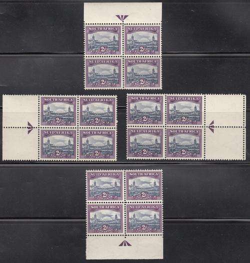 Union 4 Arrow Blocks of Four 2d Union Building Stamps (One with Double Perf Hole). As Image.