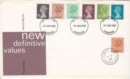 GB FDC 30 JAN 1980 Group of Six QEII Stamps Plus Ectra 10p Stamp (75p Damaged).