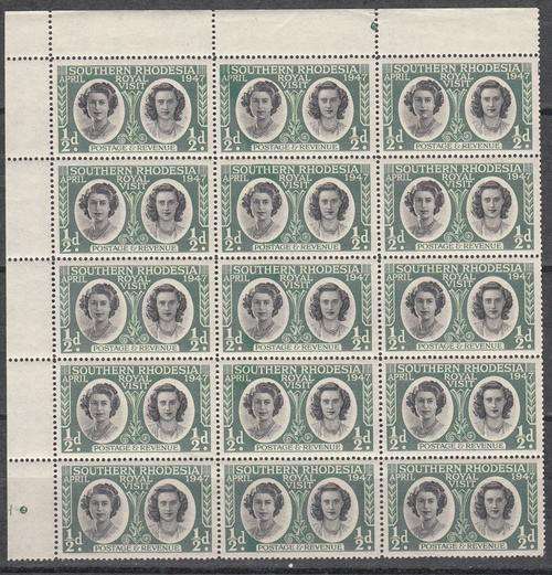 Southern Rhodesia Block of Fifteen 1/2d Royal Visit Stamps Green Dots in LH and Top Gutter