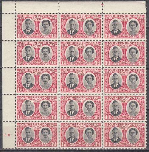 Southern Rhodesia Block of Fifteen 1d Royal Visit Stamps Red Dots in RH & Top Gutters