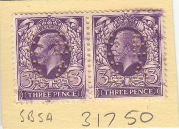 GB Pair 3d KGV Stamps with Perfin " SBSA "