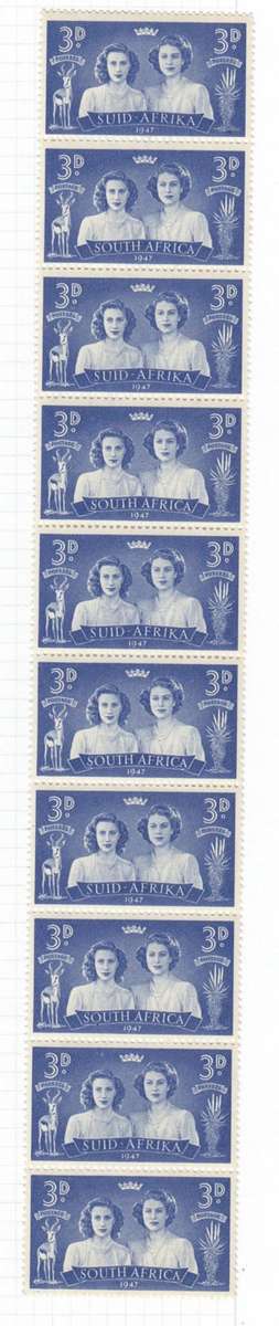 Union 1947 Strip of Ten (10) Royal Visit 3d Stamps. As Image.