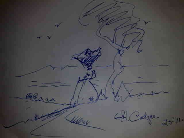 WH Coetzer ink pen sketch plus origional pen used and engraved