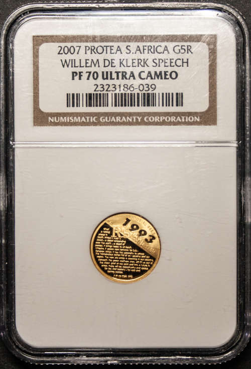 2007 5 Rand, Willem de Klerk Speech, NGC PF 70 Ultra Cameo