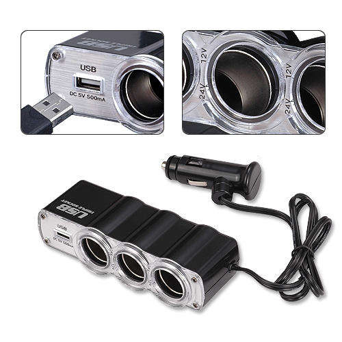 Car Lighter multi Adapter 3 lighter sockets and 5v (500mAh) USB Charging Port
