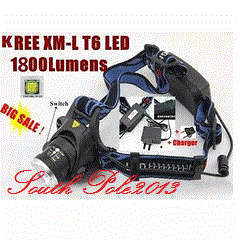 1800 Lumens KREE T6 LED Rechargeable Headlight Zoom in & Zoom out