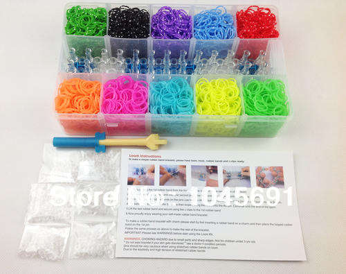 Crazy loom bands kit 10 colors of 3600 bands+140 clips+6charms+1 hook+1 loom in PVC box packing