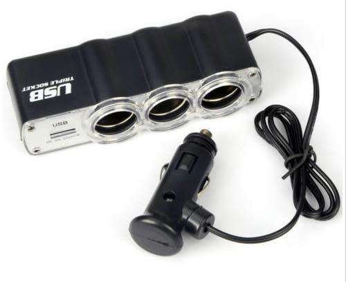 12V Triple 3 Way Splitter Cigar Cigarette Lighter Socket USB Charger Port