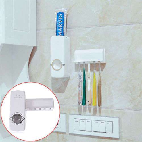 Toothpaste Dispenser 5 Toothbrush Holder Set Wall Mount Stand