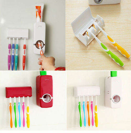 Toothpaste Dispenser 5 Toothbrush Holder Set Wall Mount Stand