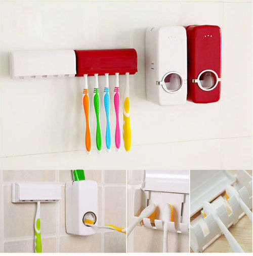 Toothpaste Dispenser 5 Toothbrush Holder Set Wall Mount Stand