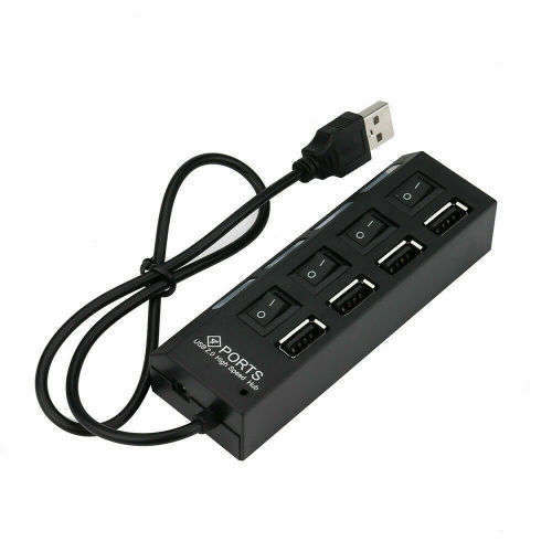 4 Port USB 2.0 Black Hub with High Speed Adapter ON/OFF Switch