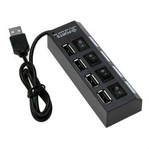 4 Port USB 2.0 Black Hub with High Speed Adapter ON/OFF Switch