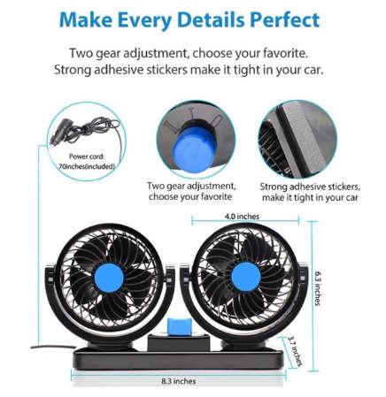 Electric Car Fan Dual Head 2 Speed 12V Air Circulator