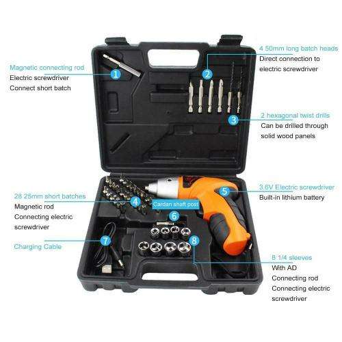 Rechargeable Electric Cordless Screwdriver With 45-Piece Bit Set