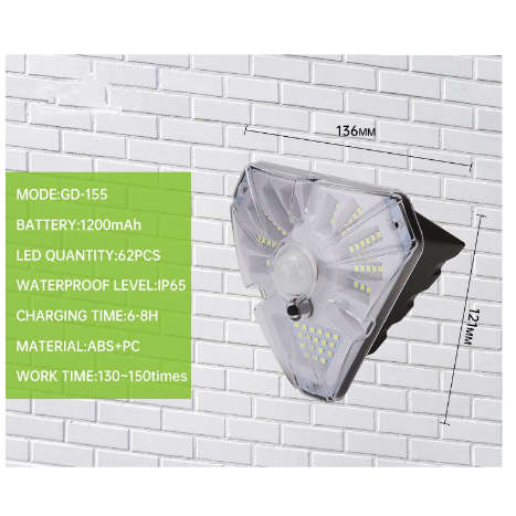62LED Solar Wall Motion Sensor Crystal Rainproof Activated Light With 3 Modes