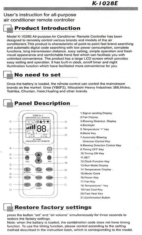 Universal Low Power Consumption Air Condition Remote LCD A/C Remote Control Controller