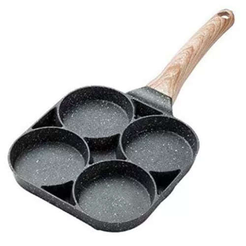 4 Hole Omelet Pan for Burger Egg Ham Pancake Maker Wooden Handle Frying Pot Cook