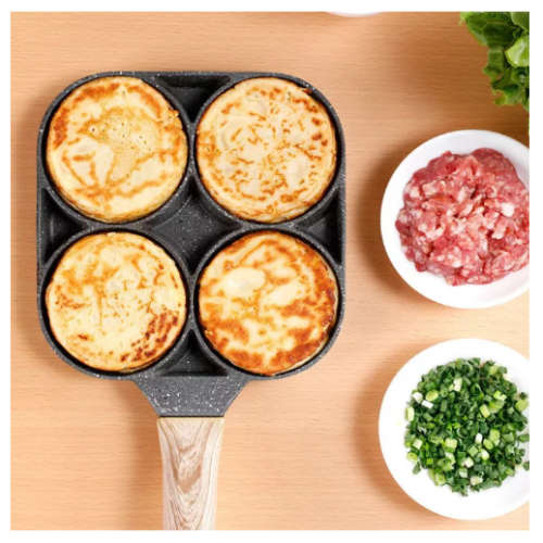 4 Hole Omelet Pan for Burger Egg Ham Pancake Maker Wooden Handle Frying Pot Cook