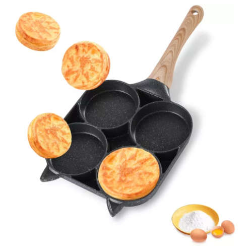 4 Hole Omelet Pan for Burger Egg Ham Pancake Maker Wooden Handle Frying Pot Cook