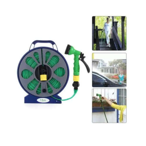 Flat Garden Hose with 7 Pattern Spray Nozzle with Stand 15M