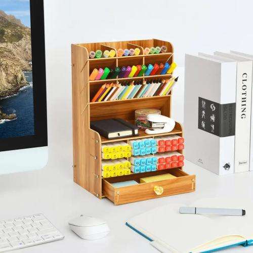 Wooden DIY Desk Organizer with Compartment Drawer Desktop Stationery Organizer