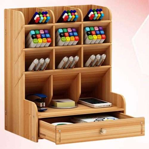 Multi-Functional Desk Organizer Wood Shelf Organizer DIY Pen Holder Box Desktop Stationary Office